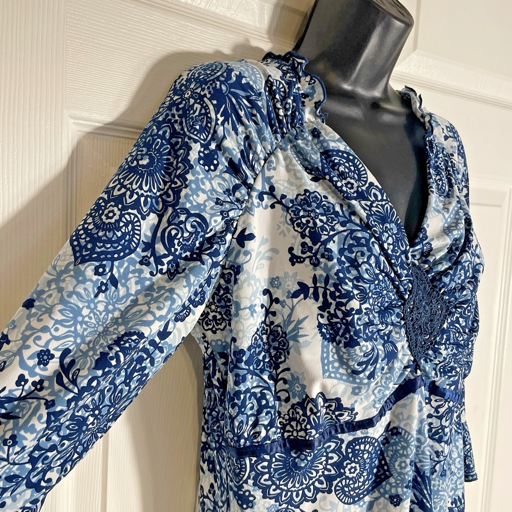 Vintage Y2K Fashion Bug Babydoll Shirt Women 14/16 White Blue Floral Asymmetric - Picture 2 of 9